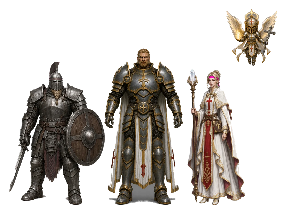 A warrior, a paladin and a priest of the human empire, with an angel above them